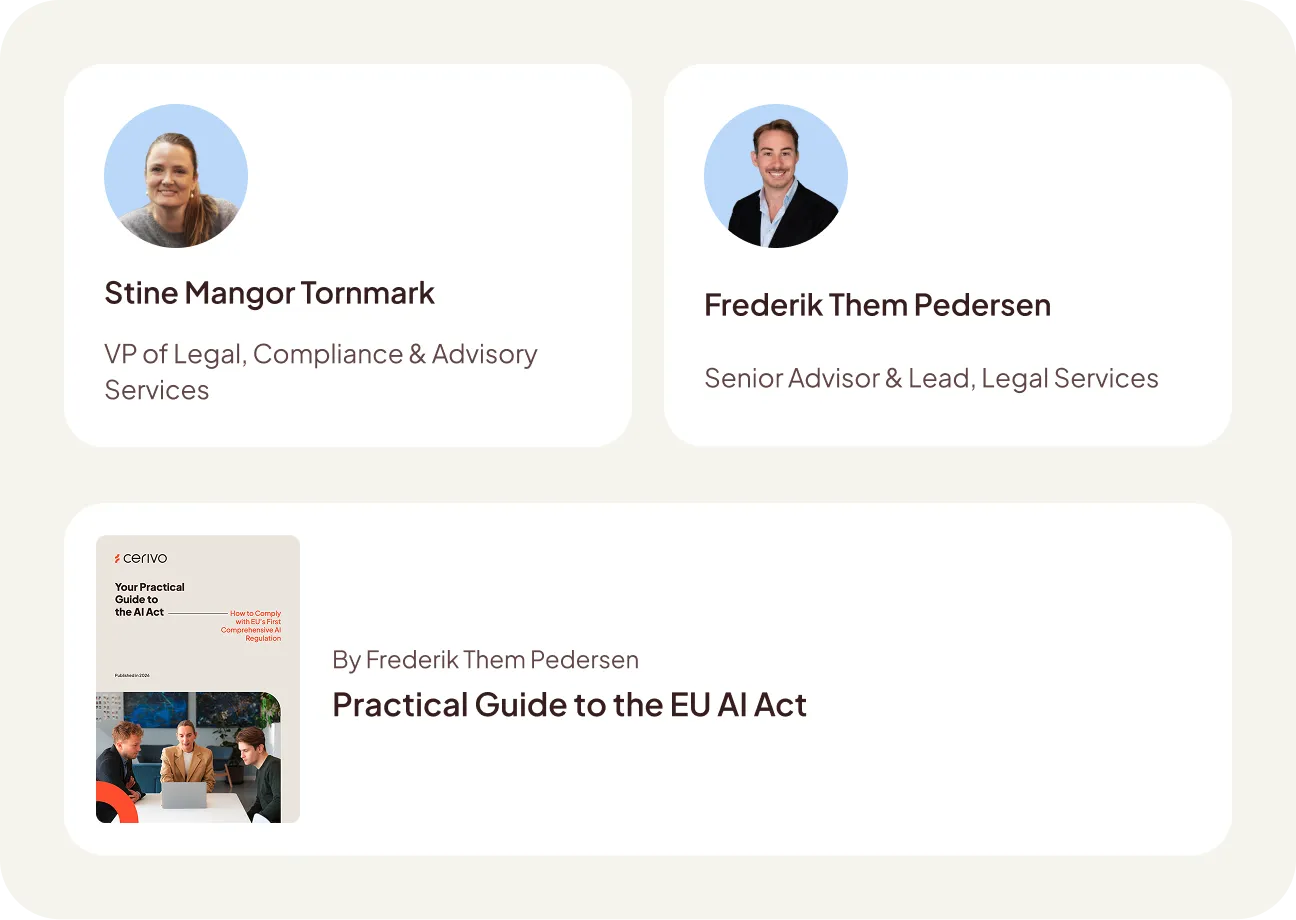 Profile photos and names of Stine Mangor Tornmark, VP of Legal, Compliance & Advisory Services, and Frederik Them Pedersen, Senior Advisor & Lead, Legal Services, above a cover image of a report titled Practical Guide to the EU AI Act by Frederik Them Pedersen, showing three people in a meeting.