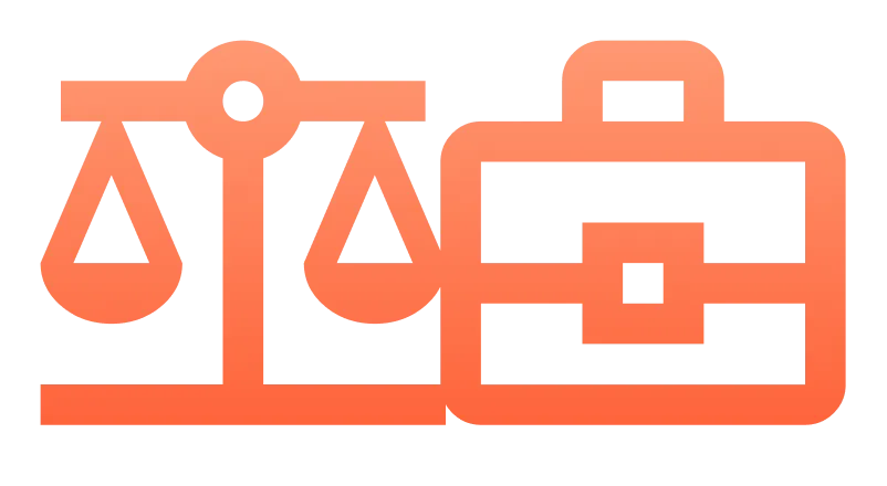 Orange gradient icon showing a balance scale next to a briefcase, symbolizing law and business.