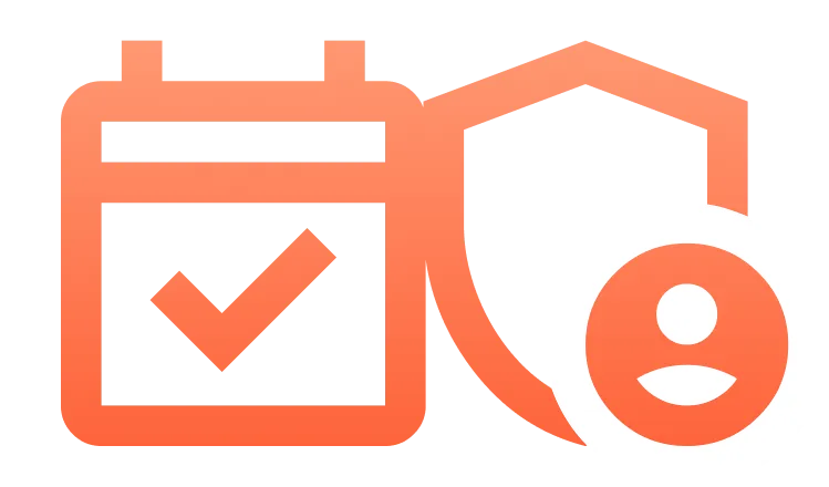 Orange gradient icon showing a calendar with a checkmark, a shield outline behind it, and a user profile symbol inside a white circle on the right.