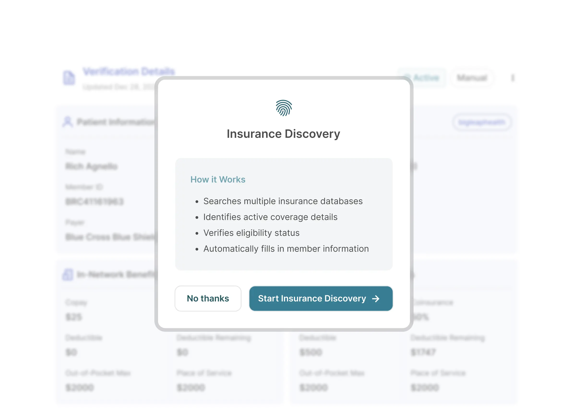 Popup window titled Insurance Discovery with explanation of how it works, listing searches of multiple insurance databases, identifies active coverage, verifies eligibility, and auto-fills member info, along with buttons for No thanks and Start Insurance Discovery.