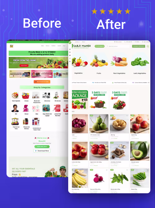 Side-by-side comparison of a grocery website before and after redesign, showing a more modern, clean layout with categorized vegetable and fruit images on the after side.