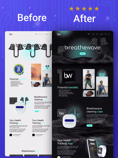 Comparison of a website redesign showing a light-themed 'Before' version and a dark-themed 'After' version with improved layout and visual appeal for Breathewave health tracking app.