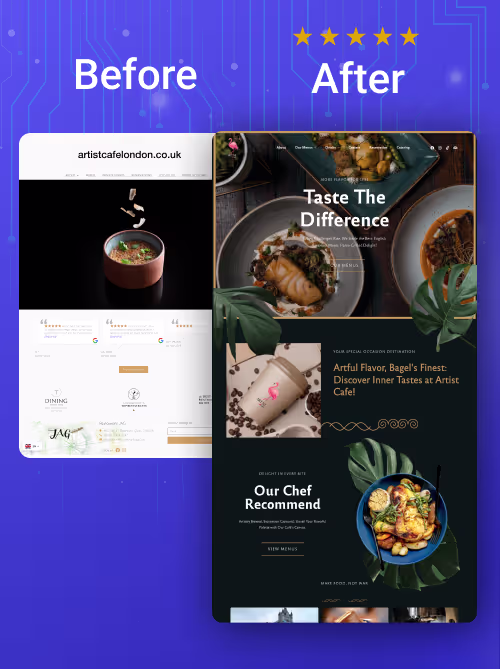 Comparison of a restaurant website before and after redesign, showing improved food imagery and modern layout in the after version.