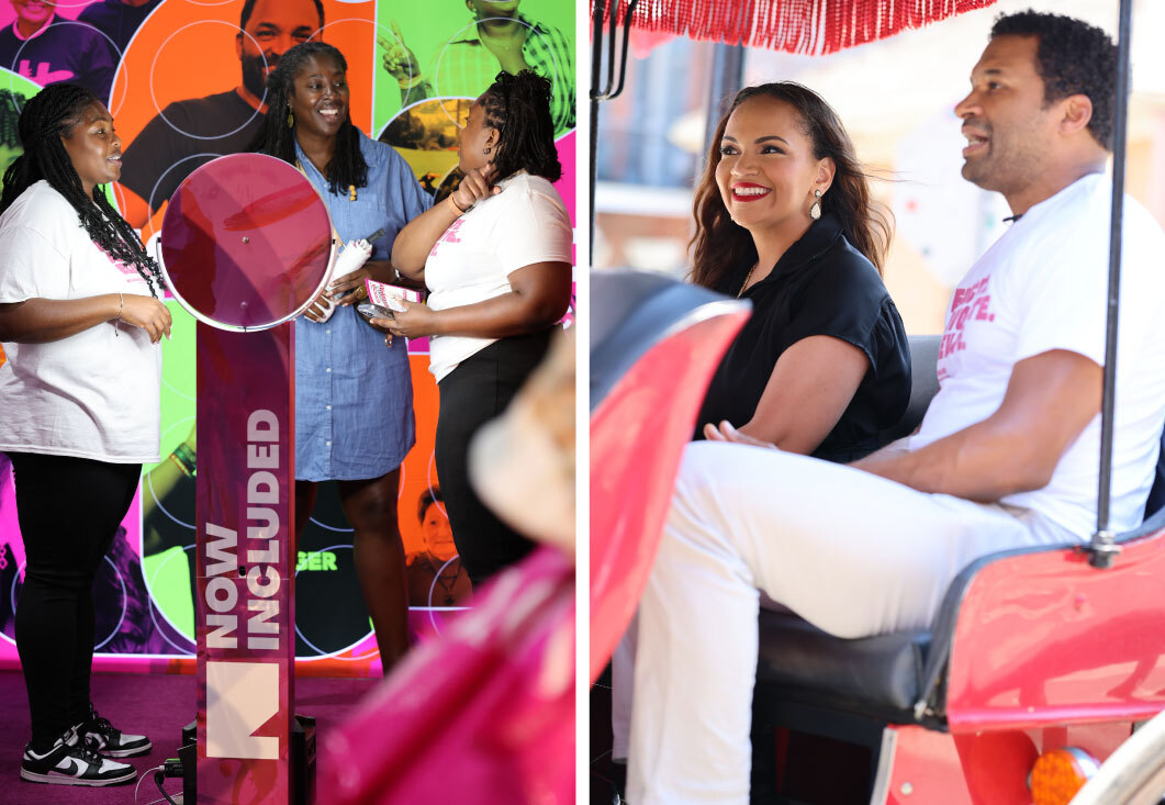 People interacting with NOWINCLUDED Booth, and Acclinate founders at event