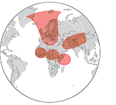 World map highlighting satellite coverage areas in red over continents including North America, South America, Africa, Europe, and Asia.