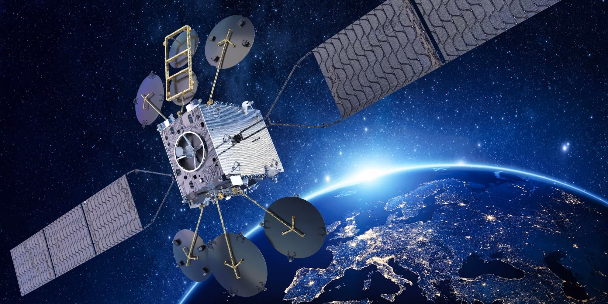 GovSat-2 satellite orbiting Earth with illuminated European cities visible below and a starry space background.