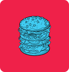 Blue illustration of a triple-layer burger with lettuce, tomato, and cheese on a red background.
