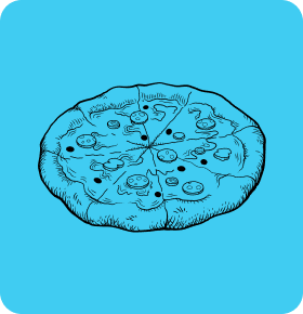 Black and white line drawing of a pizza with mushrooms and olives on a blue background.