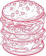 Outline illustration of a double cheeseburger with lettuce, tomato, and sesame seed bun.
