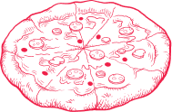 Outlined drawing of a sliced pizza with toppings including pepperoni and mushrooms.
