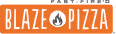 Blaze Pizza logo with white text and fire icon on an orange background.