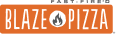 Blaze Pizza logo with white text and fire icon on an orange background.