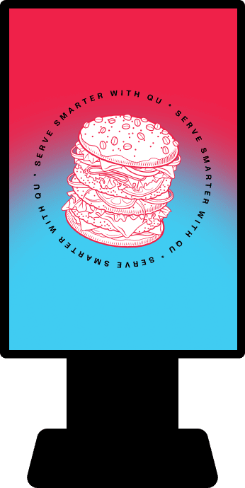 Digital screen with a sketch of a double-layered burger topped with sesame seeds, surrounded by the text 'Serve Smarter with Qu' on a red to blue gradient background.