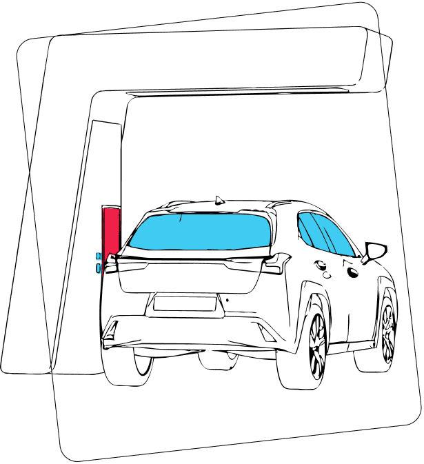 Illustration of a rear view of a car parked at an electric vehicle charging station.