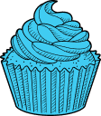 Blue cupcake with swirled frosting in a ridged paper liner.