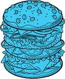Illustration of a tall hamburger with three patties, lettuce, tomato, and a sesame seed bun.