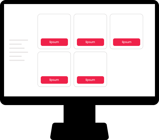 Computer monitor displaying a webpage layout with five blank content boxes labeled 'lipsum' in red buttons and gray lines of placeholder text on the left.