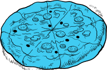 Black and white line drawing of a whole pizza with visible slices, toppings including pepperoni and mushrooms.