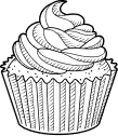 Cupcake with swirled frosting in a ridged paper liner.