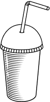 Black and white sketch of a takeaway cup with a domed lid and bent straw.