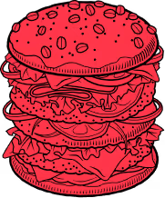 Illustration of a stylized layered burger with sesame seeds on the bun.