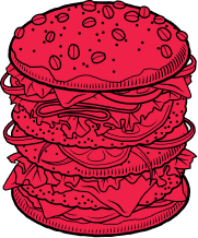 Illustration of a stylized layered burger with sesame seeds on the bun.