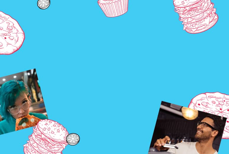 Collage on blue background with pink sketches of pizza, burger, cupcake, lemon slice, and photos of a woman with teal hair eating pizza and a man smiling at a bar.
