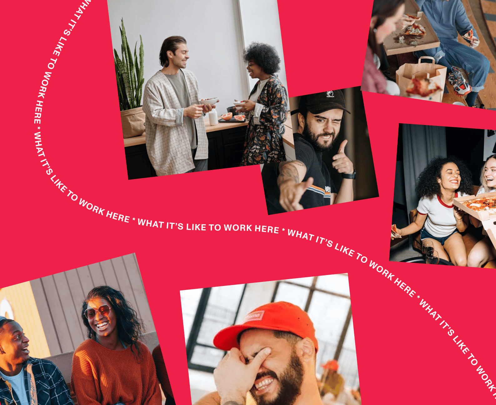 Collage of diverse young adults socializing and enjoying food and drinks in casual settings.