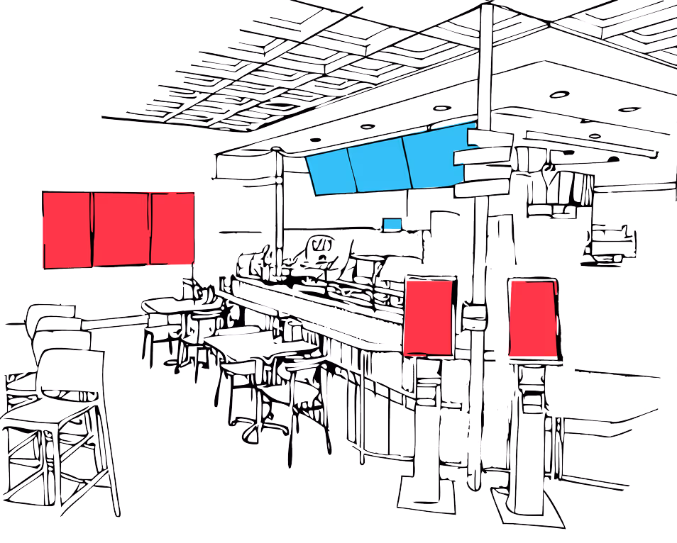 Outline drawing of a restaurant interior with red signs and blue menu screens above the counter.