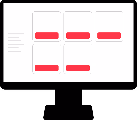 Website layout with five white cards each having a red button, and gray text lines to the left.