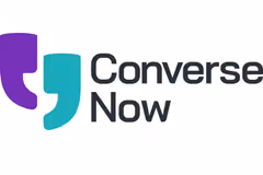 Converse Now logo with purple and teal stylized quotation marks.
