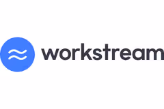 Workstream logo with blue circle and white wave-like lines next to black text.