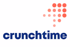 Blue text 'crunchtime' with an arrow made of red dots pointing up and to the right.