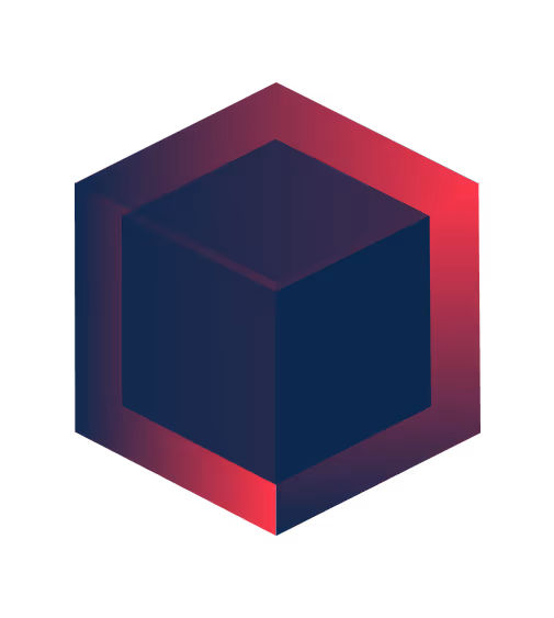 Three-dimensional dark blue cube inside a hexagon with gradient red and purple edges.