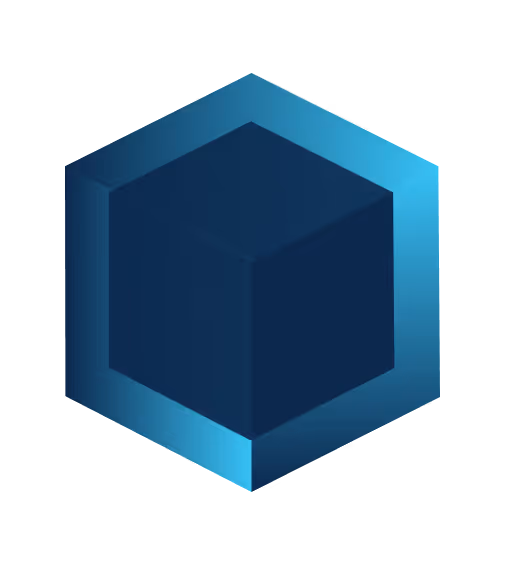 Dark blue 3D cube inside a glowing hexagonal frame with blue gradient edges.