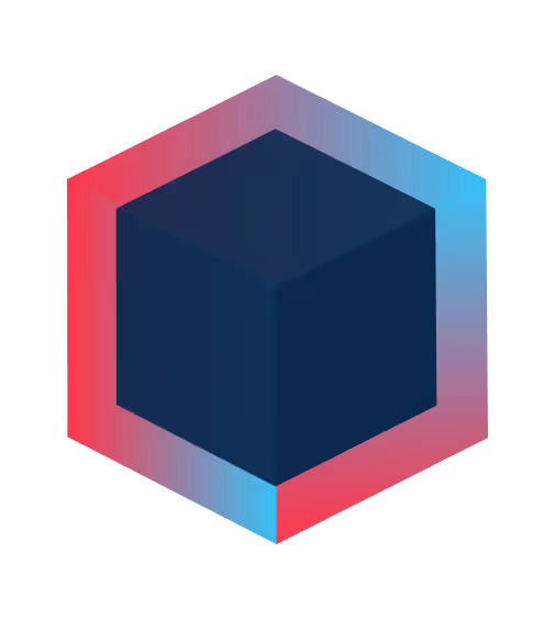 Dark blue 3D cube inside a hexagon with a gradient border of red, blue, and purple hues.