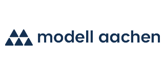 Logo von modell aachen mit drei blauen Dreiecken und Text.