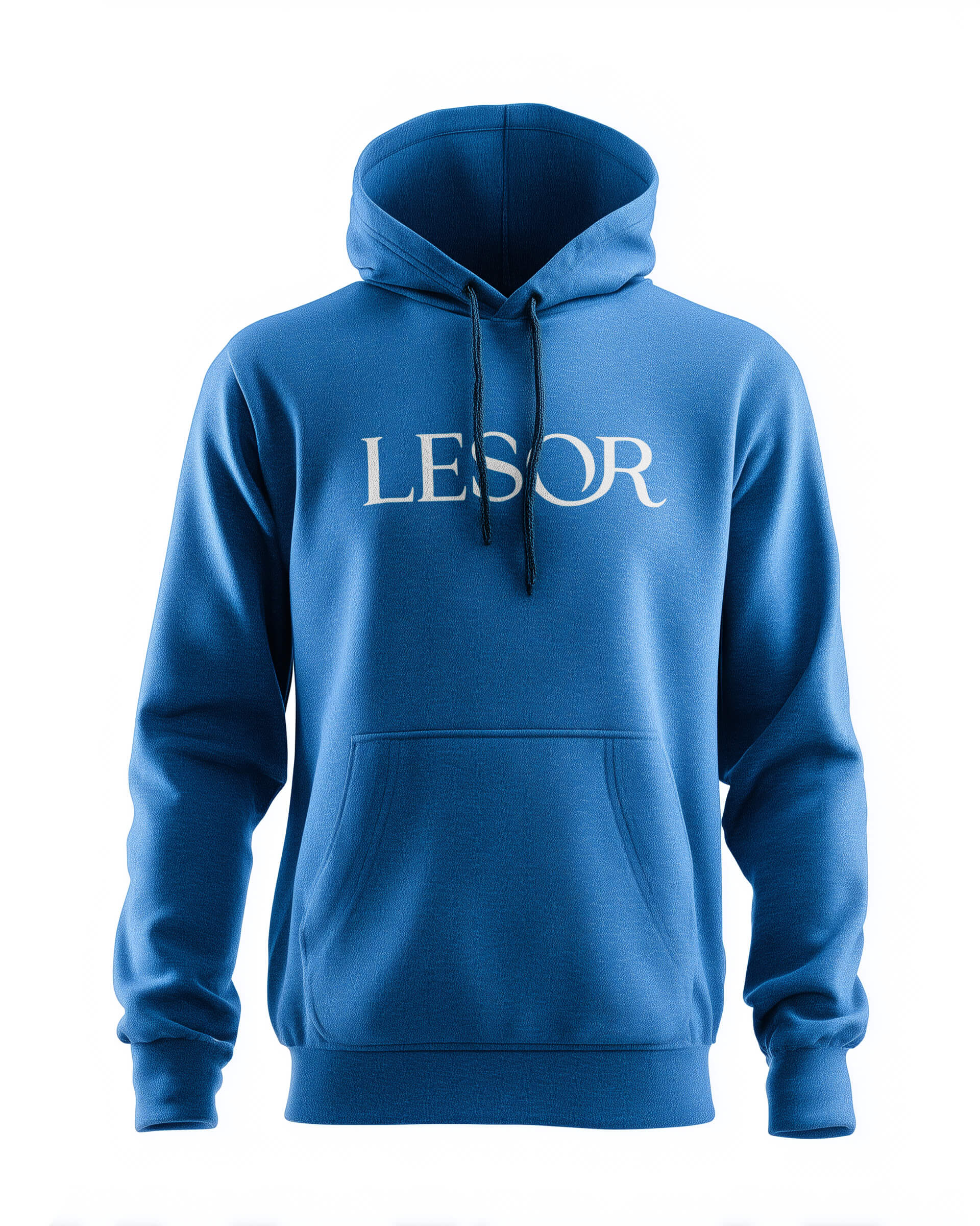 Blauer Hoodie mit Kapuze und vorderer Tasche, mit weissem Schriftzug LESOR auf der Brust.