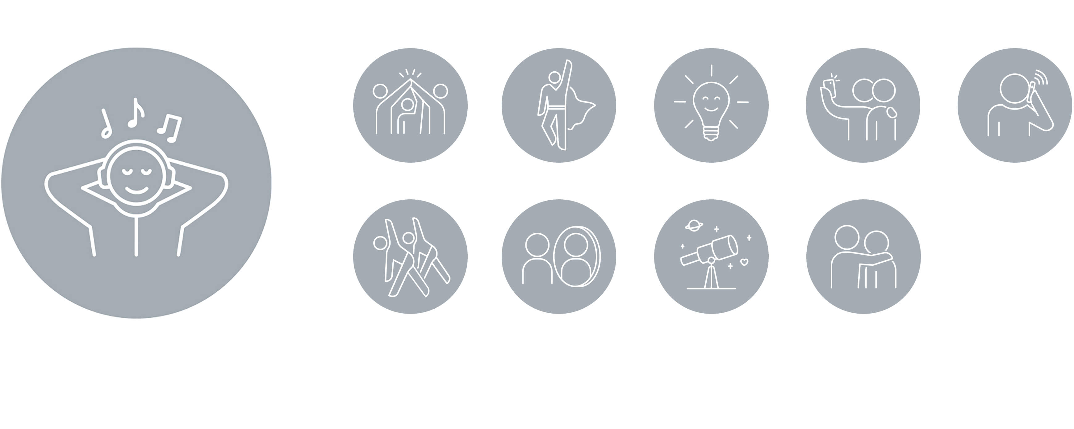 Symbole von Aktivitäten zur mentalen Gesundheit: Person hört Musik, Gruppenzusammenhalt, Superheld, Idee, Selfie, Telefonat, Tanzen, Paar, Teleskop beobachten, Umarmung.