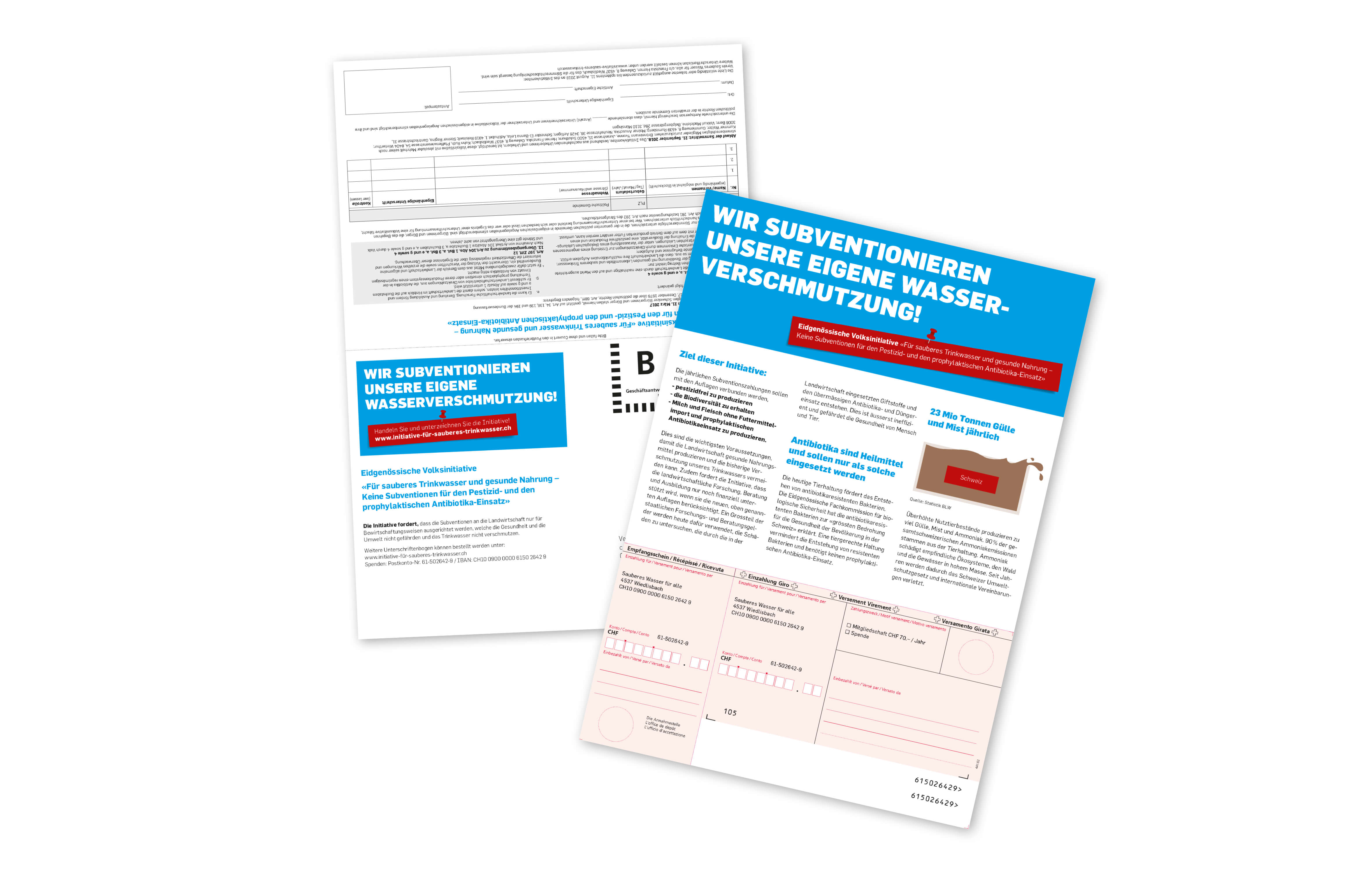 Zwei Flugblätter zur eidgenössischen Volksinitiative gegen Subventionen für Pestizid- und Antibiotikaeinsatz, mit Informationen zur Wasser- und Nahrungsqualität.
