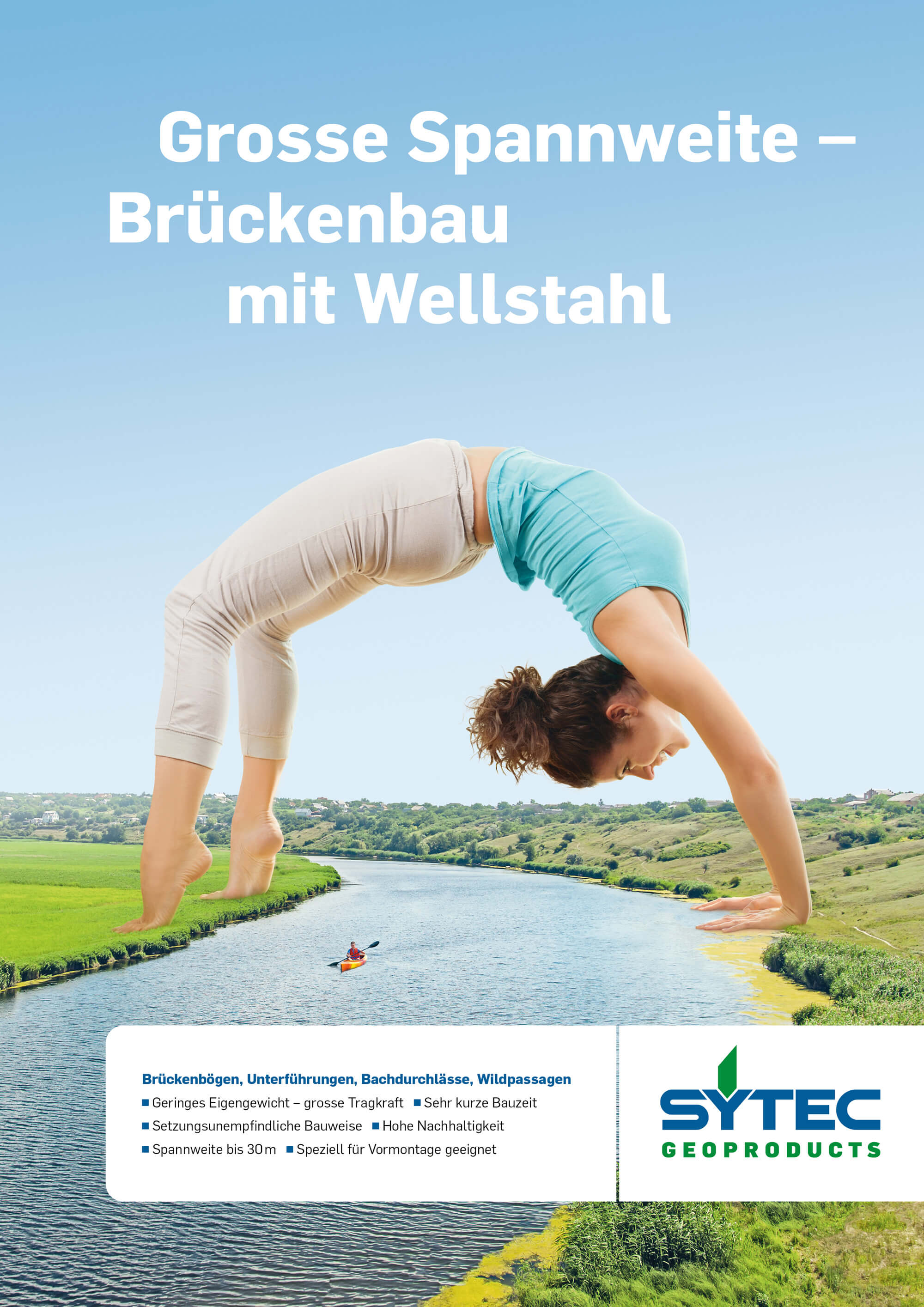 Frau macht eine Rückenbrücke über einem Fluss, Text zu Brückenbau mit Wellstahl und Firmenlogo SYTEC Geoproducts.