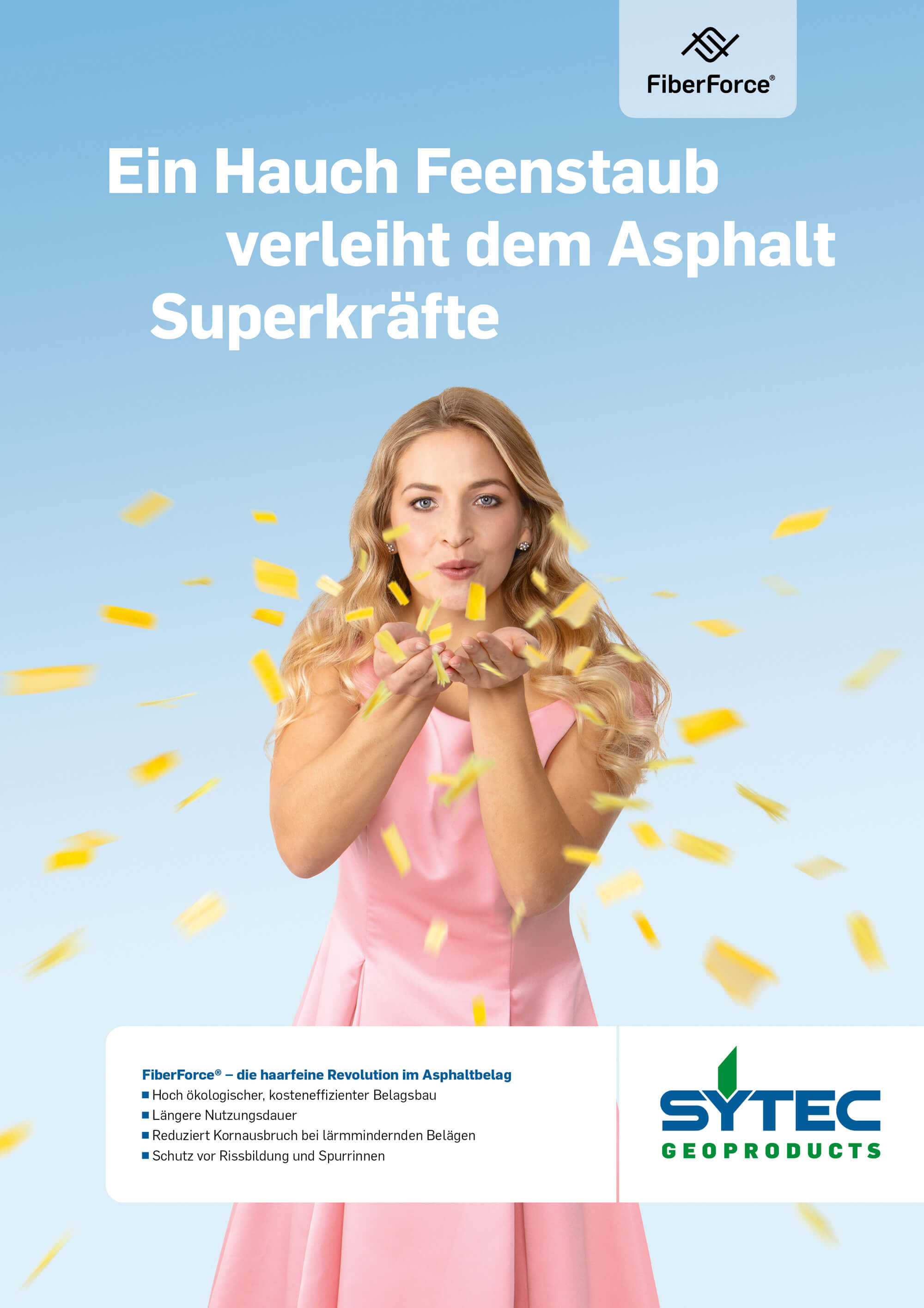 Frau in rosa Kleid bläst gelbe Partikel in die Luft vor blauem Hintergrund mit Text über die Vorteile von FiberForce Asphaltverstärkung.
