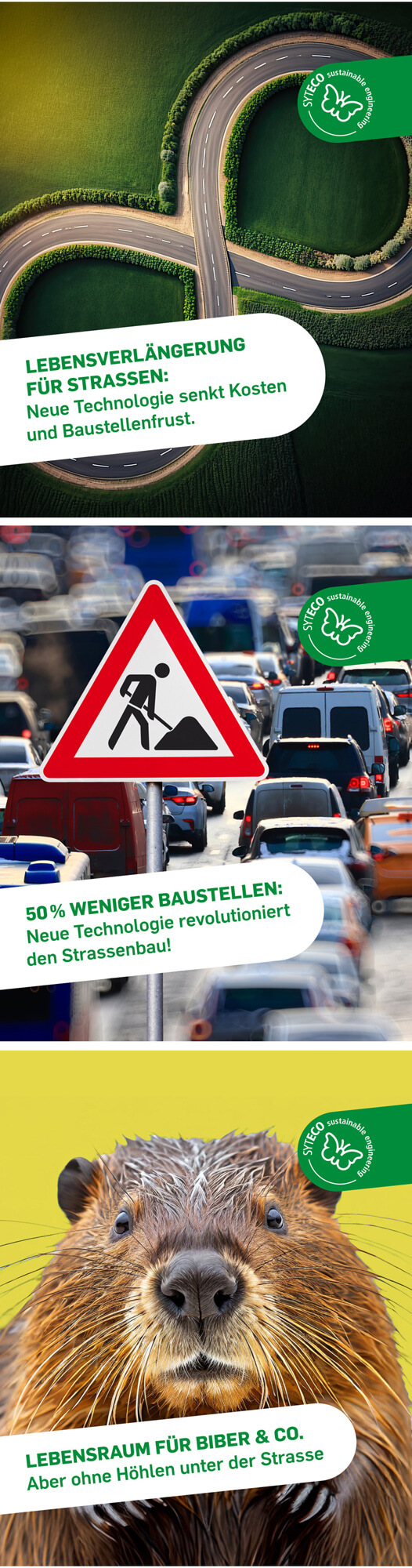 Drohnenaufnahme einer kurvigen Straße umgeben von grünen Feldern, Verkehrsstaus mit Baustellenschild, und Nahaufnahme eines Bibers vor gelbem Hintergrund mit Text zu Straßentechnologien und Lebensraum.