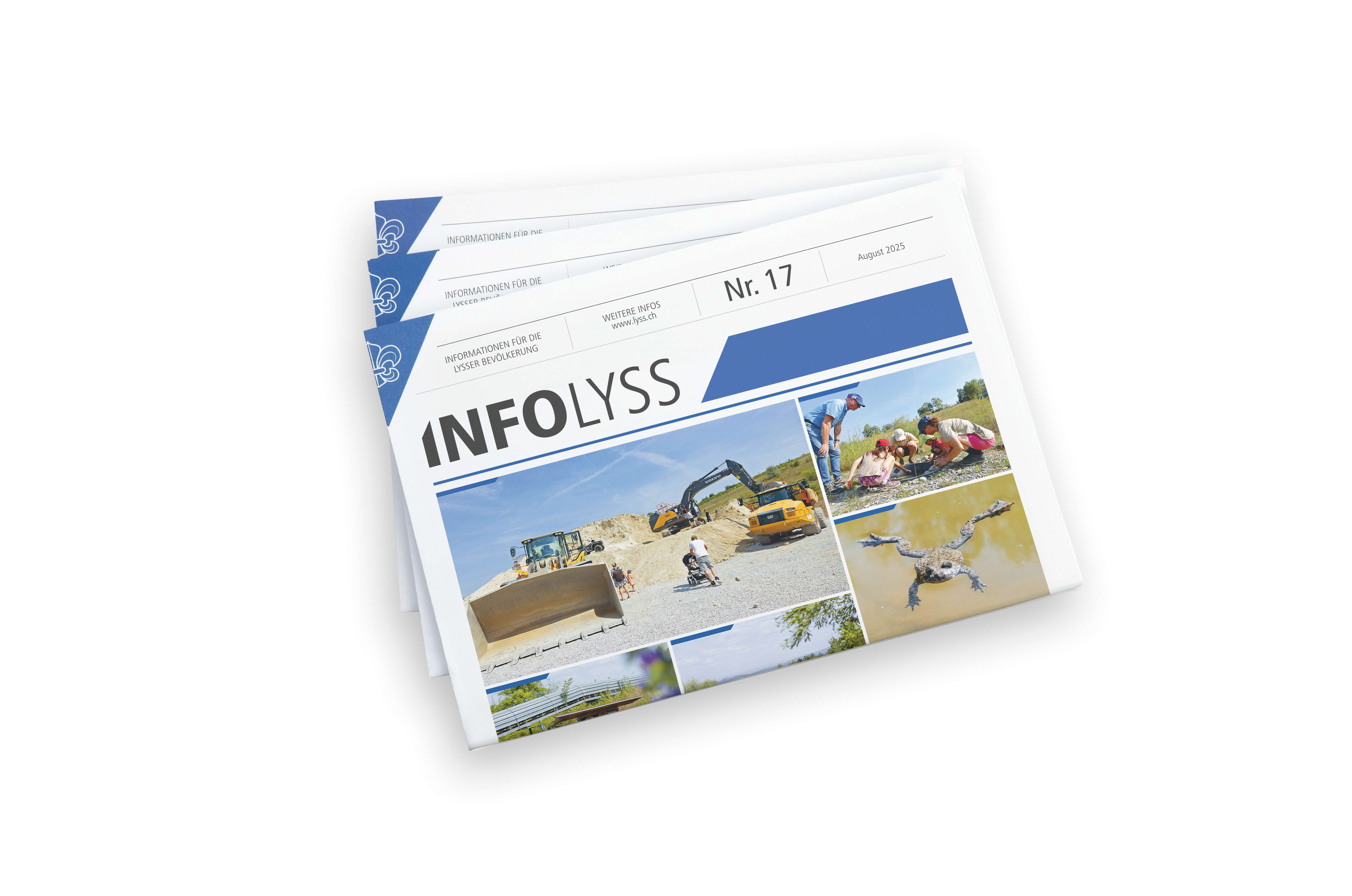 Drei Ausgaben der Zeitung INFO LYSS mit Fotos von Baggerarbeiten, einer Gruppe von Kindern und einem Frosch im Wasser auf dem Titel.