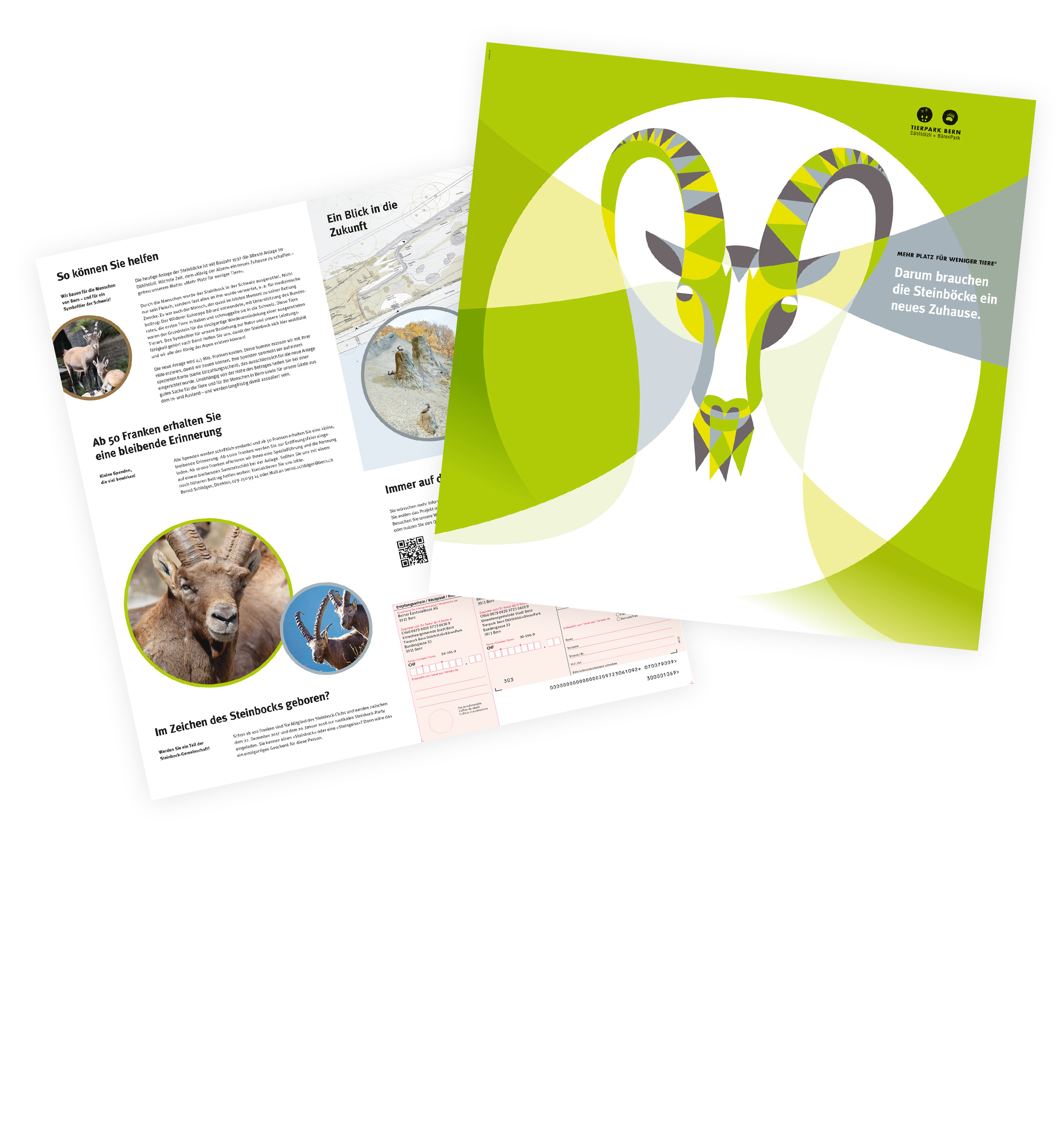 Flyer mit grafischem Steinbockkopf und Fotos von echten Steinböcken im Tierpark Bern, der für die Unterstützung eines neuen Lebensraums wirbt.
