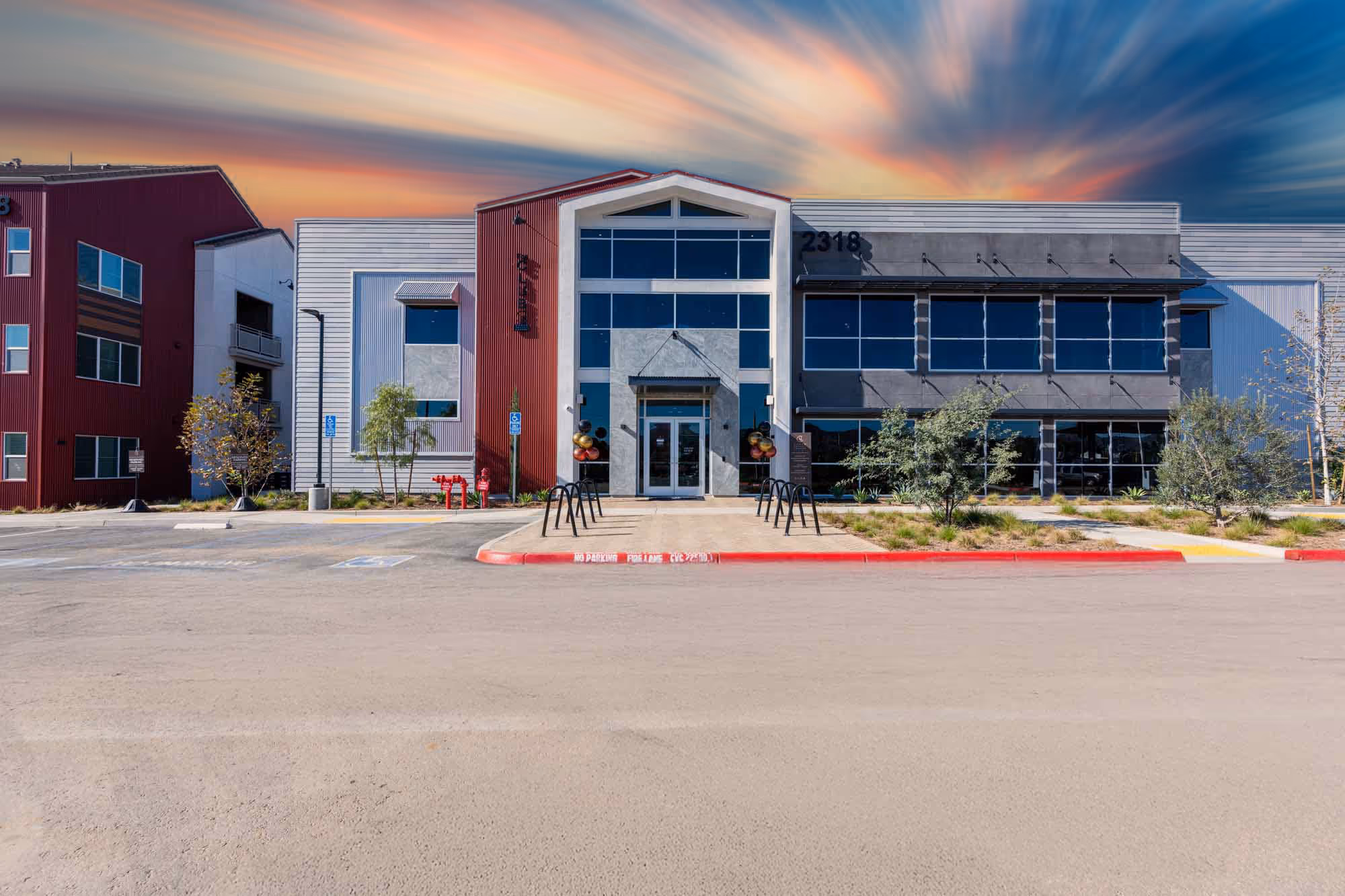 Vasari at Ventana in Fontana, CA exterior view with pool and fire pit lounge area