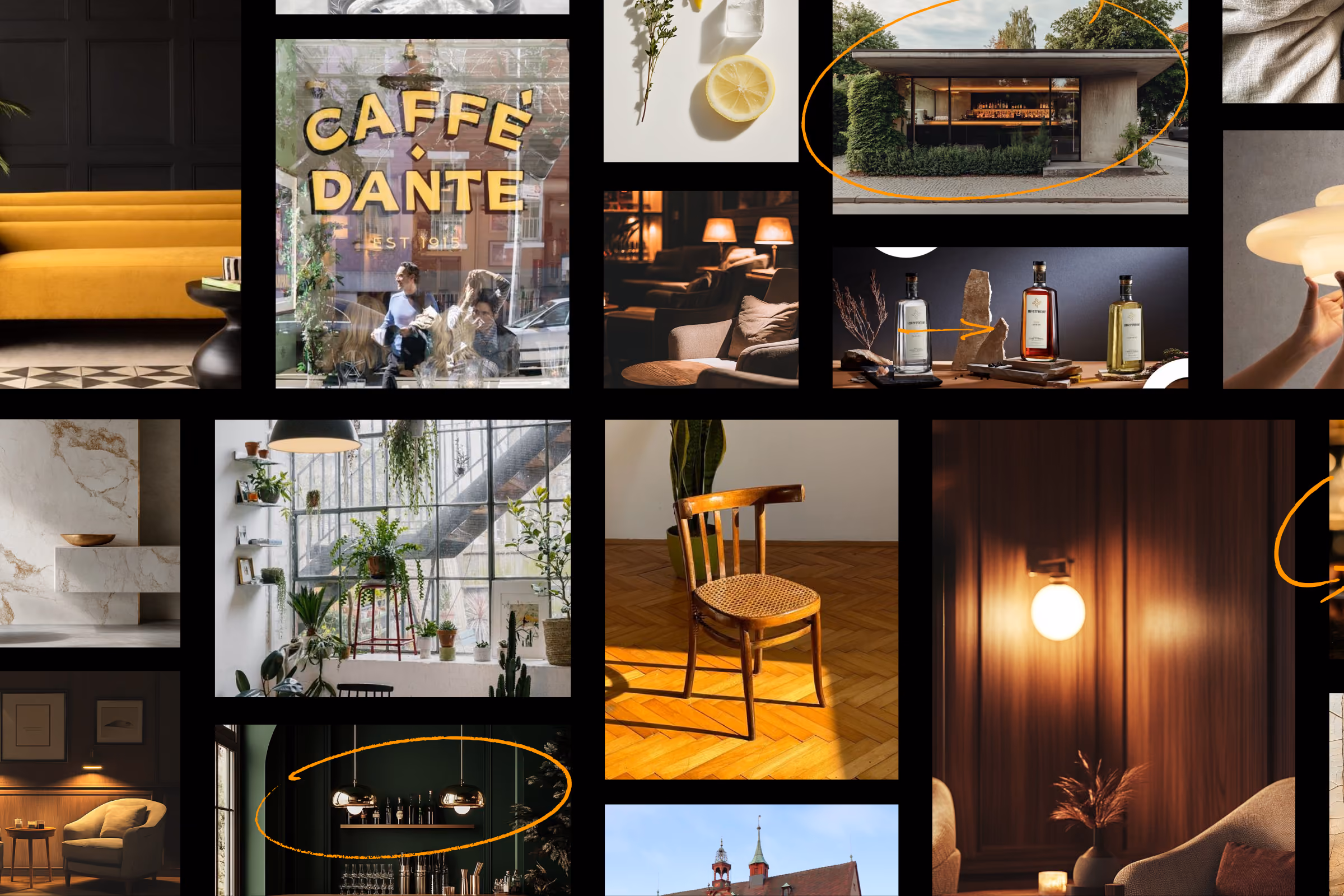 Pinte moodboard of bar interiors, botanicals and classic café signage