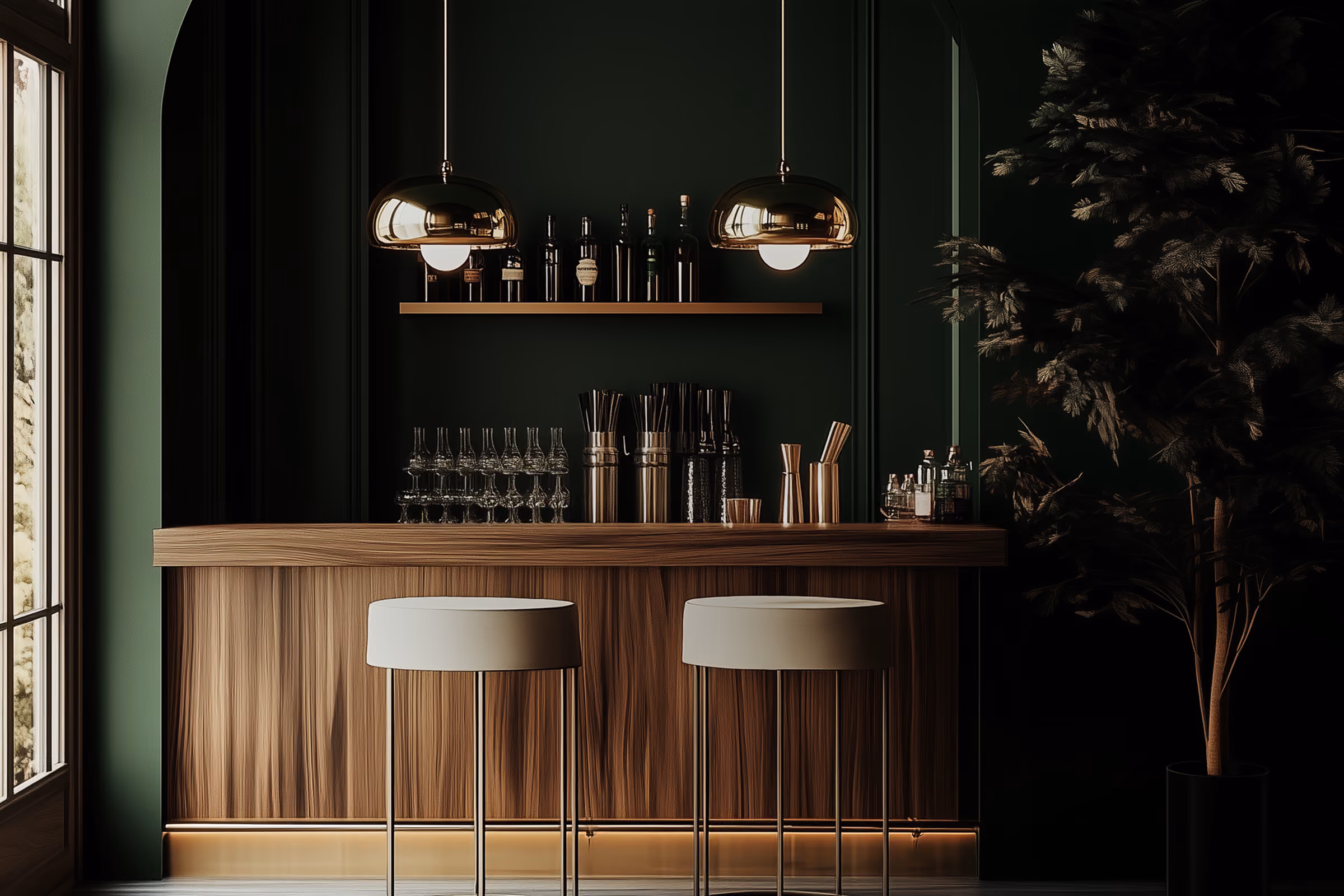 Dark green cocktail bar interior with a wooden counter and bar stools