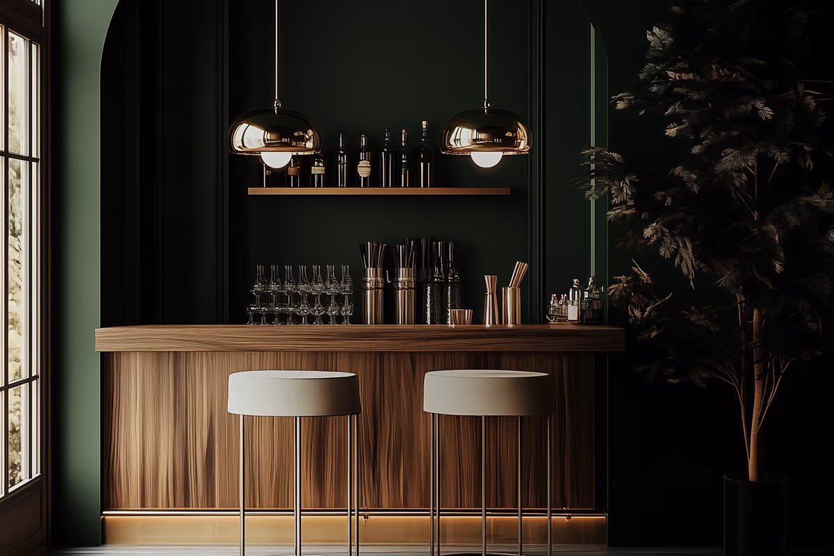 Dark green cocktail bar interior with a wooden counter and bar stools