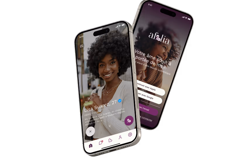 Deux smartphones affichant une application de rencontres nommée Afelia, avec un profil utilisateur présenté et l'écran de connexion.